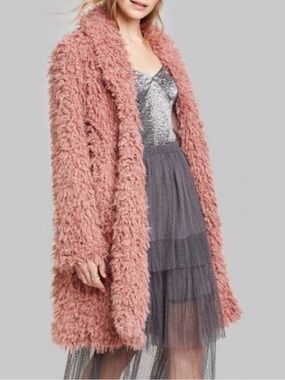 Pink Fuzzy Teddy Bear Trench Coat Jacket XL Pocket
